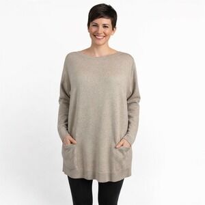 Jeanne Pierre Woman Tan Cotton Knit Tunic Sweater Boat Neck Pockets 1X Plus Size